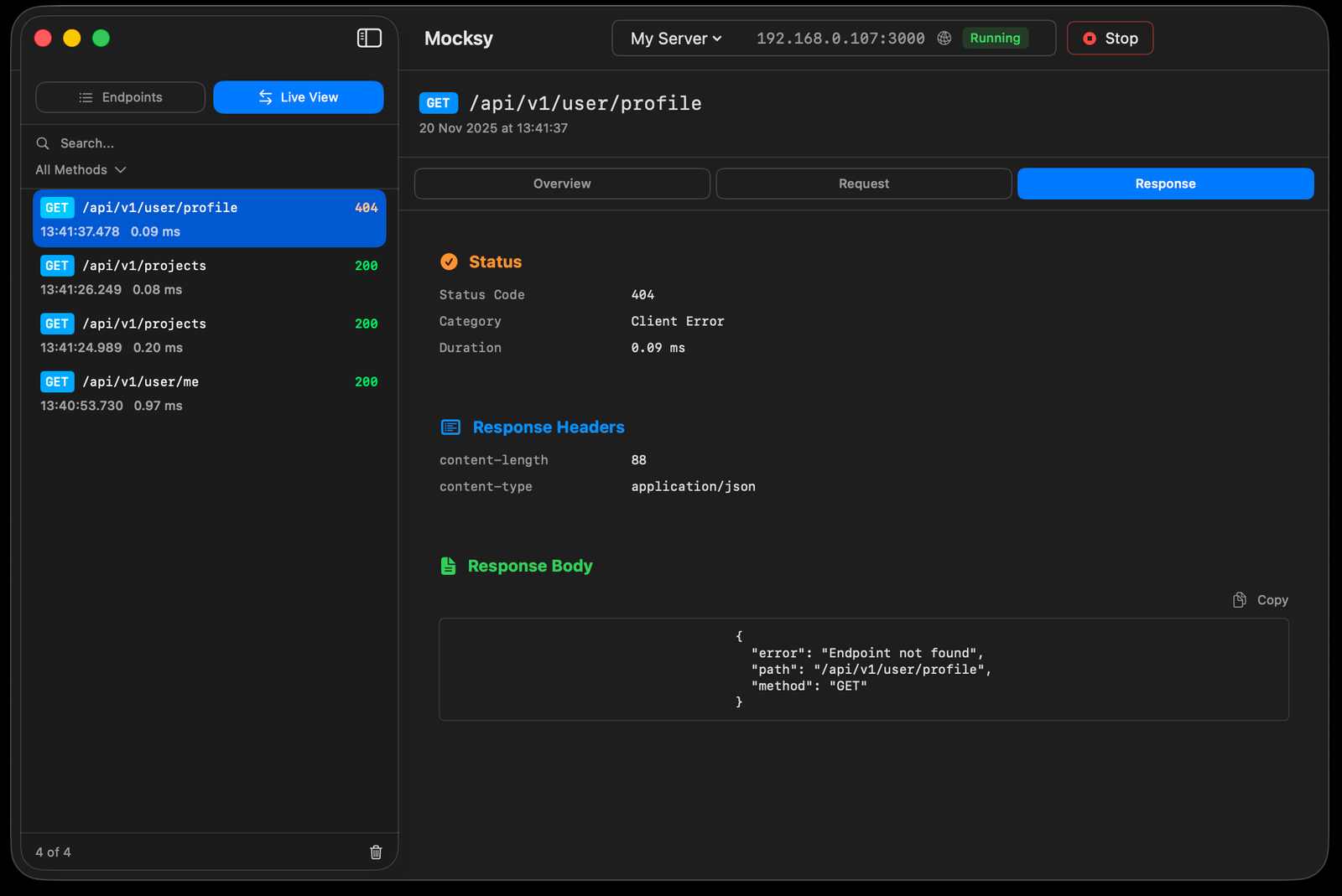 Mocksy live Inspector overview
